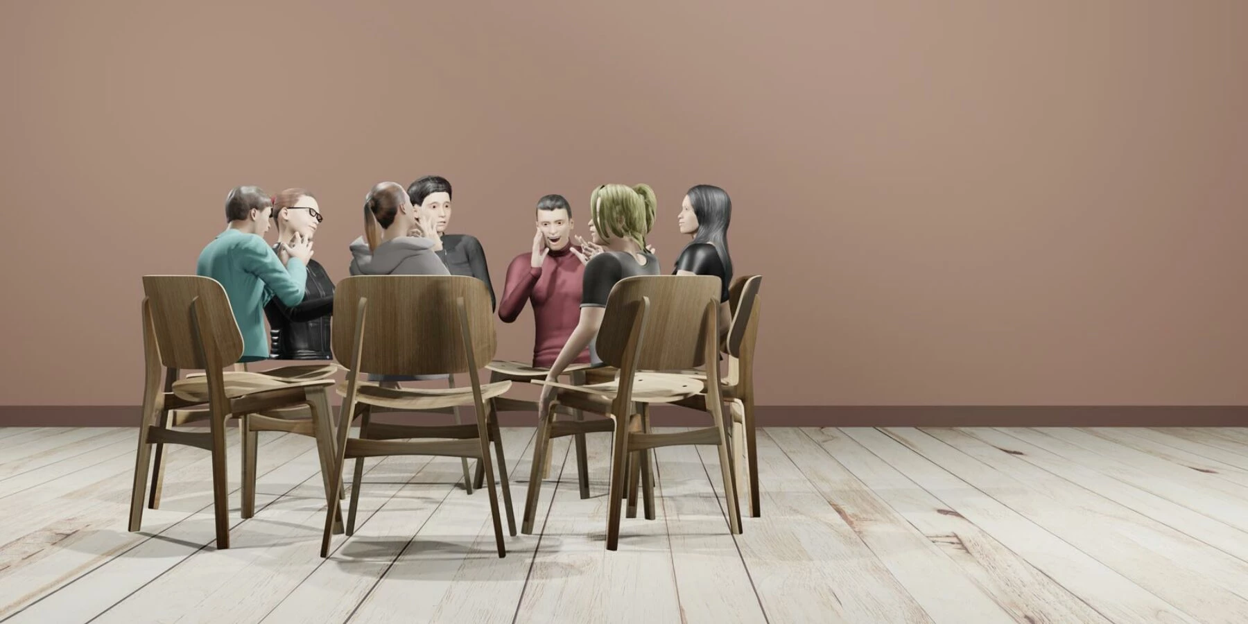 Circle of computer generated people on chairs